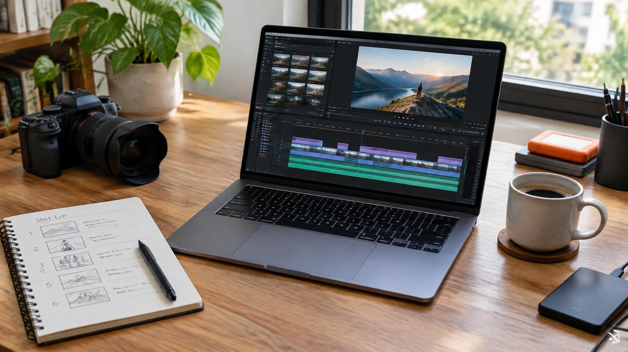 Laptop on a desk showing an editing timeline