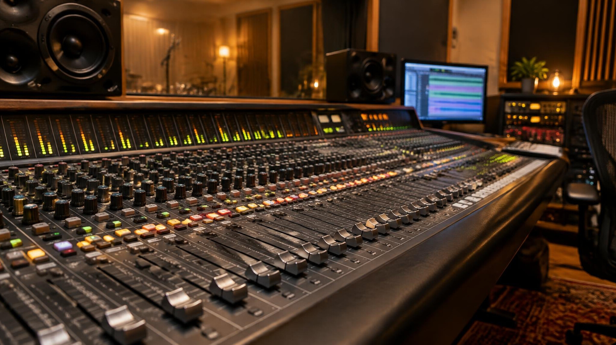 Audio mixing console in a recording studio
