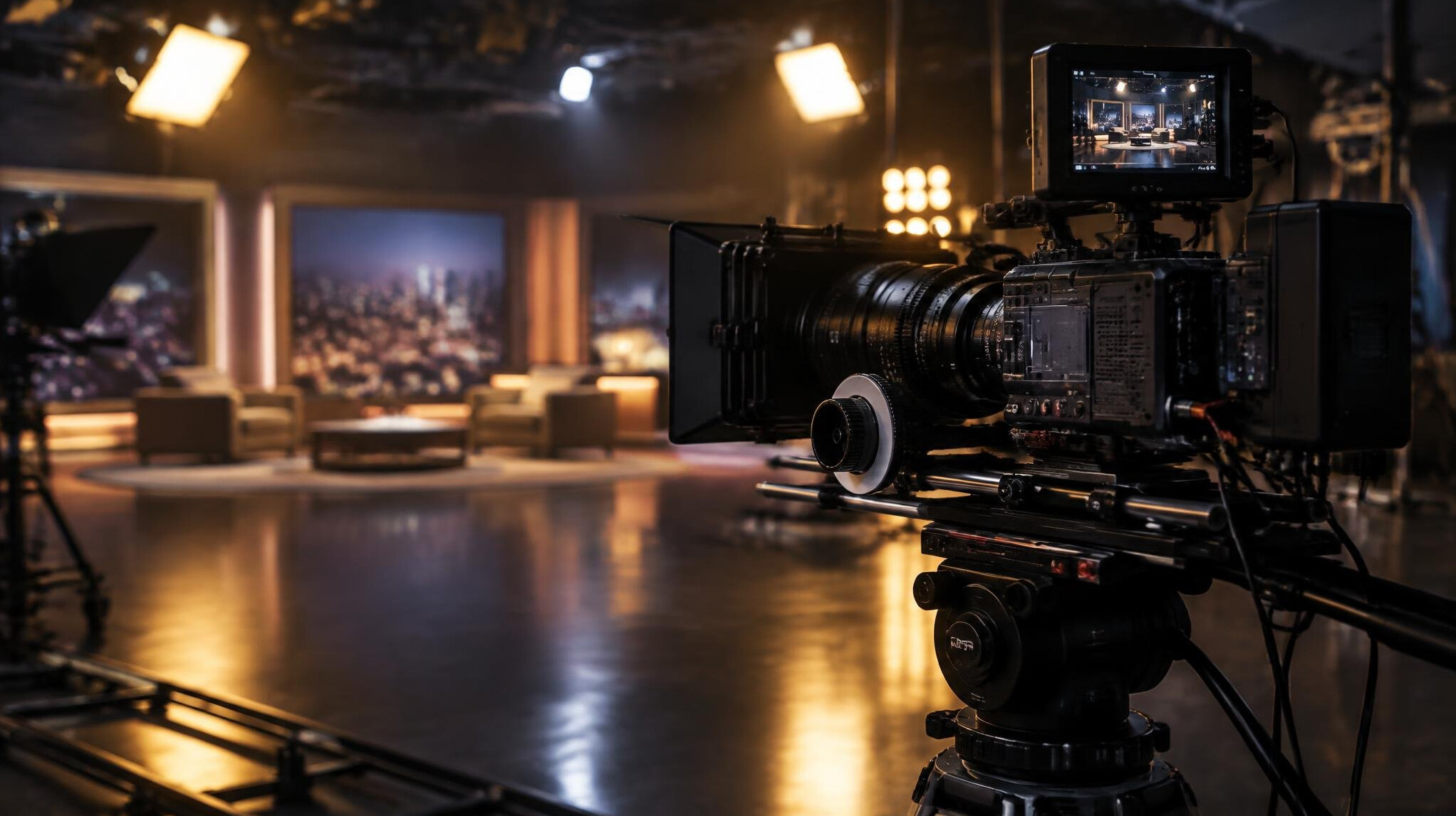 Professional cinema camera on a film set with studio lights