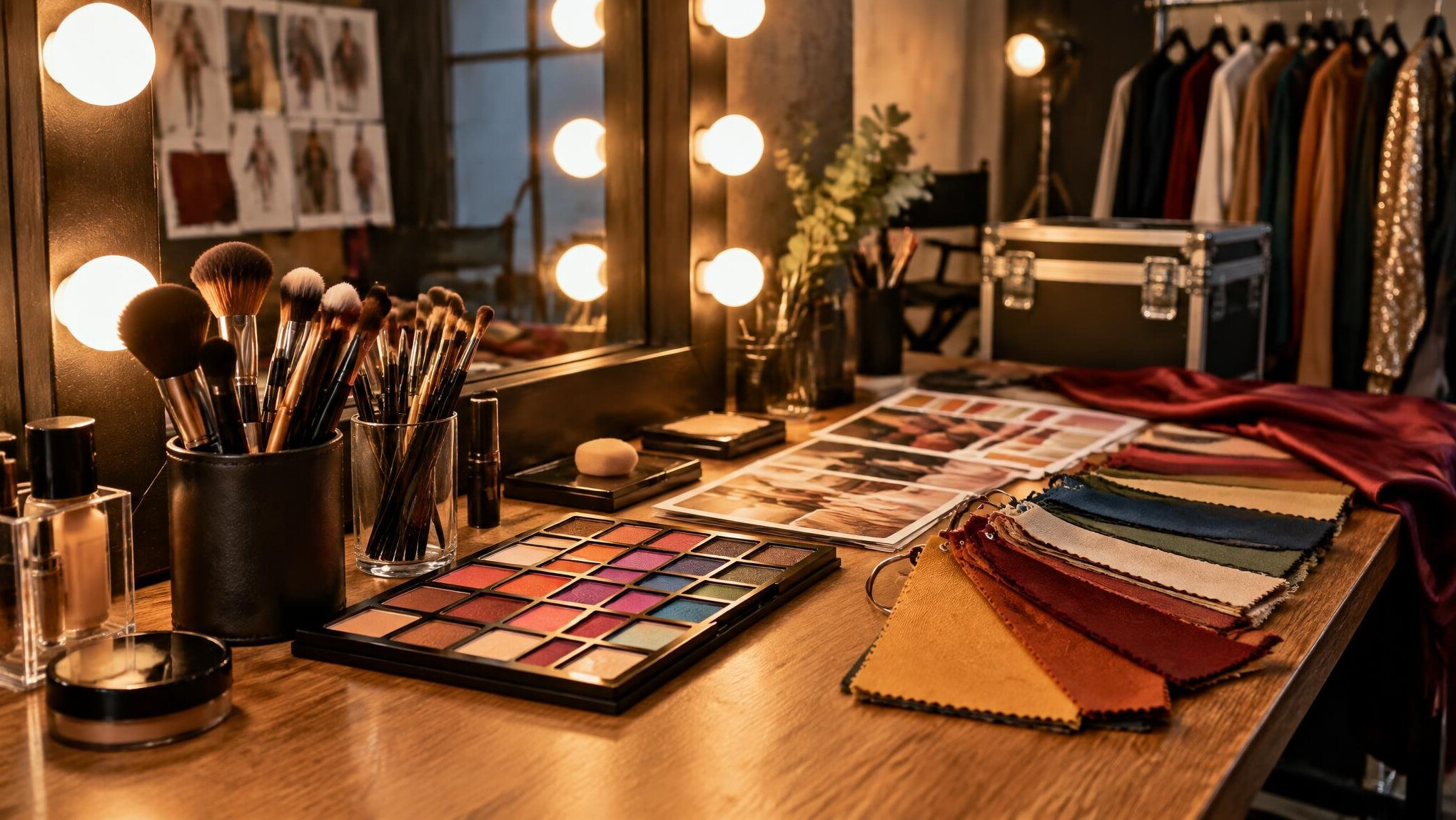 Makeup brushes and palette on a styling table